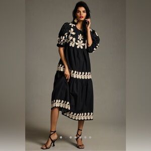 Anthropologie embroidered puff sleeve midi dress